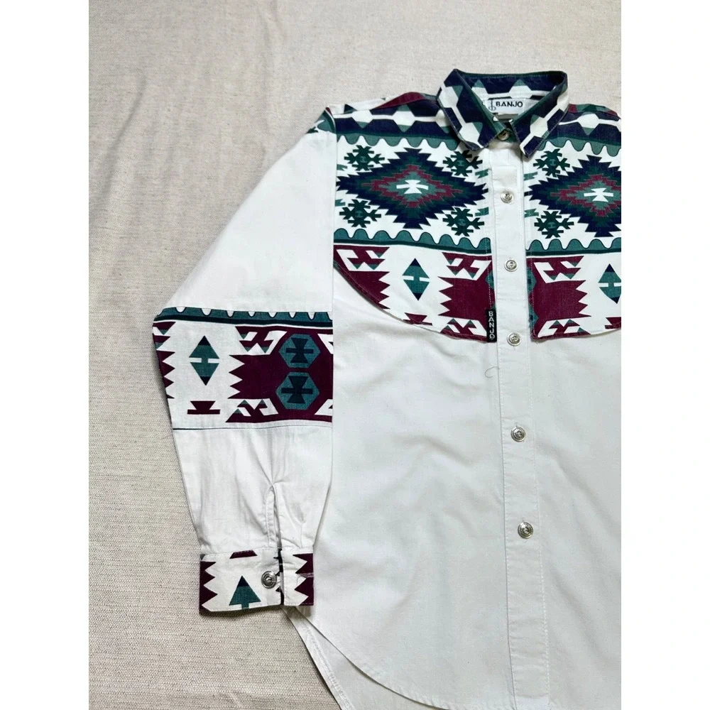 Vintage Banjo Southwestern Western Shirt Men's M White Aztec Snap Front USA Made